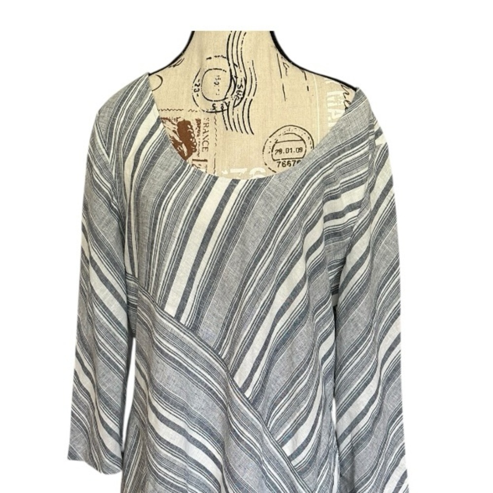 Soft Surroundings Sonya Linen Midi Dress Sz L Pockets Blue White Coastal Pockets - Picture 13 of 15